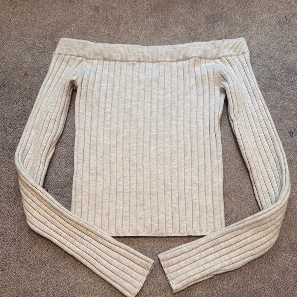 Aerie Cream Off-the-Shoulder Ribbed Sweater